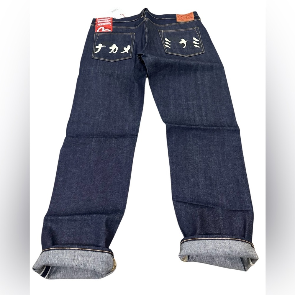 Vtg Evisu raw seldvage Denim with Japanese cream writing on the‎ pockets